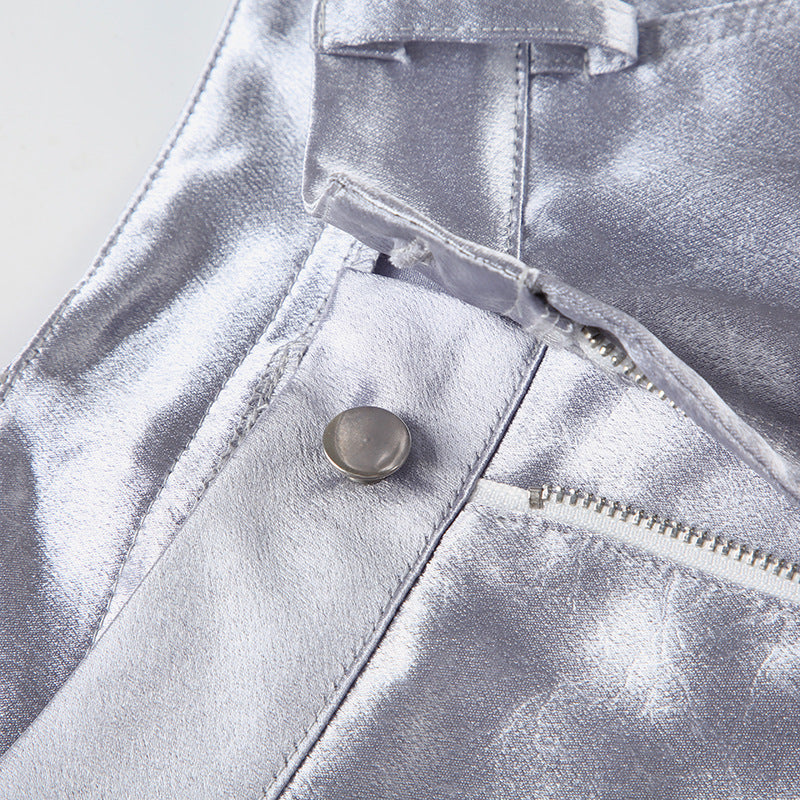 Y2K Cybercore Low-Rise Metallic Flare Pants - Edgy Graphic Print & Ruched Detail | Fall Party & Halloween Ready