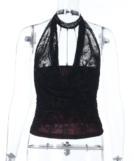 Vampy Chic Gothic Velvet Burnout Halter Top with Chains | Dark Romance Fall & Halloween Ready