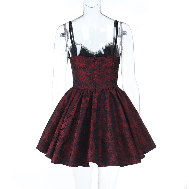 Gothic Rose Brocade Corset Mini Dress - Vampy Red & Black for Halloween & Fall Parties