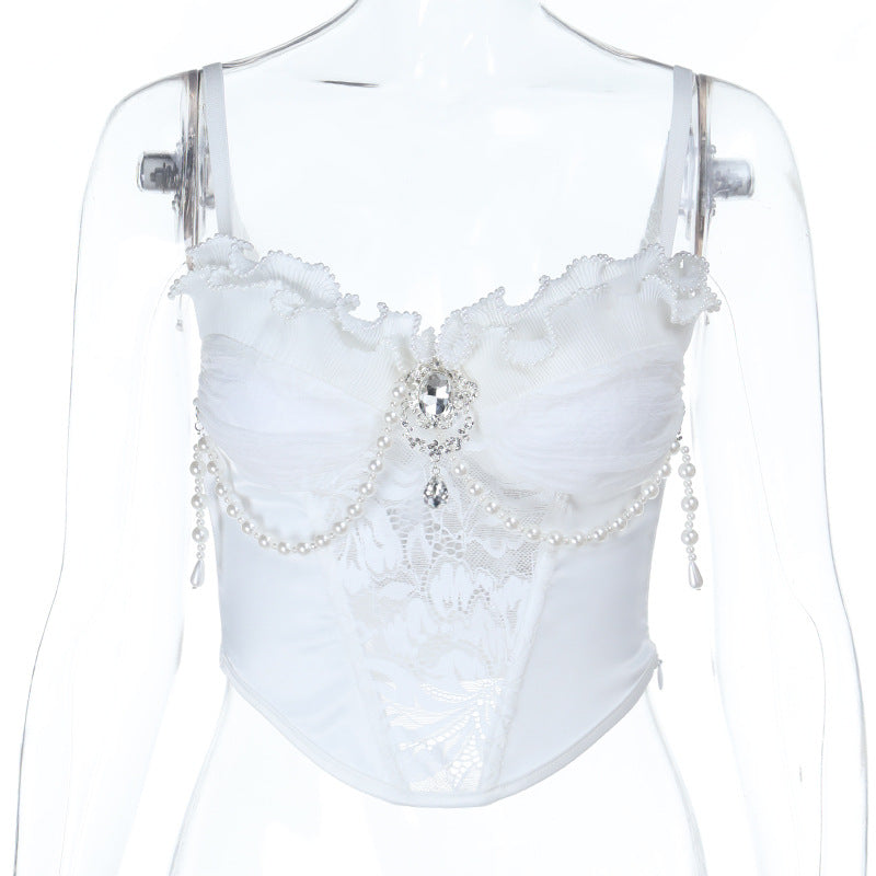 Enchanted Pearl Lace Bustier Top - Gothic Romance Ruffle Cami for Fall & Holiday Parties