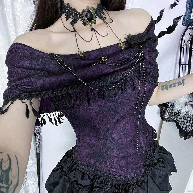 Bewitching Purple Gothic Off-Shoulder Corset Top - Your Enchanting Halloween & Fall Party Statement