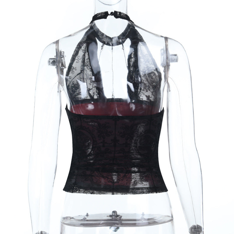 Vampy Chic Gothic Velvet Burnout Halter Top with Chains | Dark Romance Fall & Halloween Ready