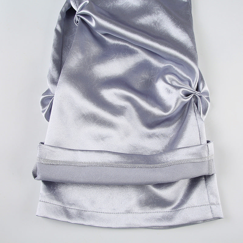 Y2K Cybercore Low-Rise Metallic Flare Pants - Edgy Graphic Print & Ruched Detail | Fall Party & Halloween Ready