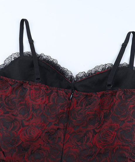 Gothic Rose Brocade Corset Mini Dress - Vampy Red & Black for Halloween & Fall Parties