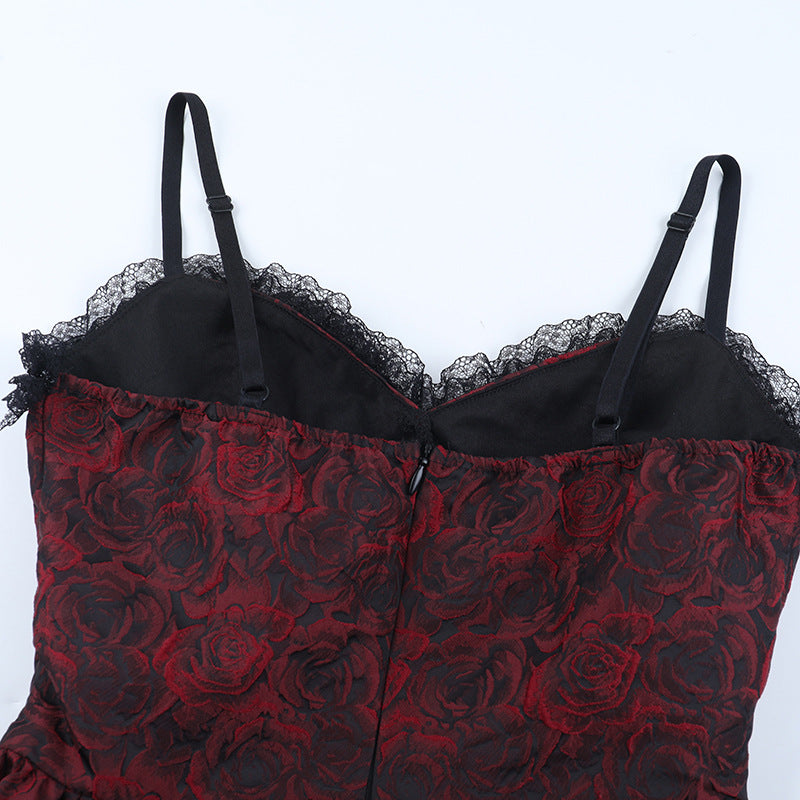 Gothic Rose Brocade Corset Mini Dress - Vampy Red & Black for Halloween & Fall Parties