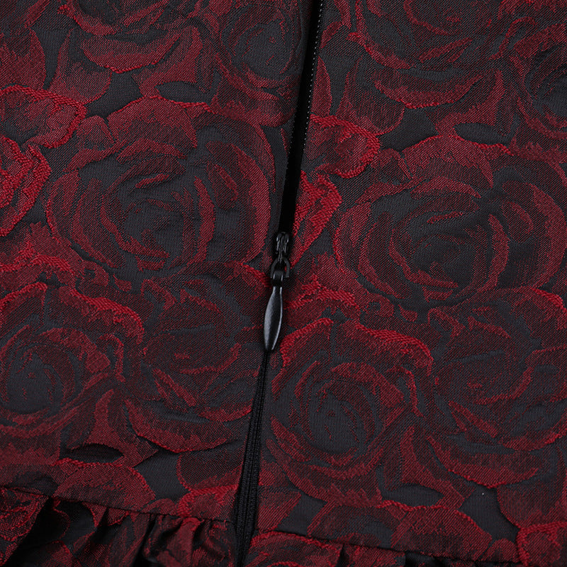 Gothic Rose Brocade Corset Mini Dress - Vampy Red & Black for Halloween & Fall Parties