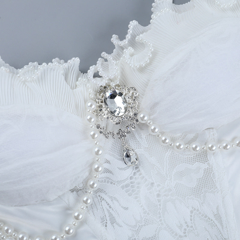 Enchanted Pearl Lace Bustier Top - Gothic Romance Ruffle Cami for Fall & Holiday Parties