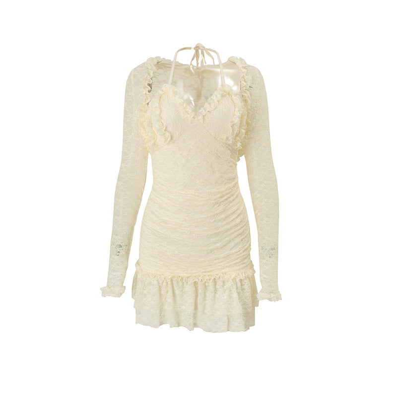 Dreamy Cream Lace Halter Mini Dress & Shrug Set - Perfect for Fall Events & Date Nights