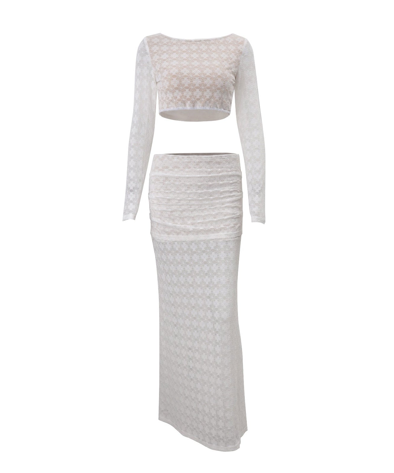 White Lace Two-Piece Set: Long Sleeve Crop Top & Ruched Maxi Skirt | Fall & Holiday Style