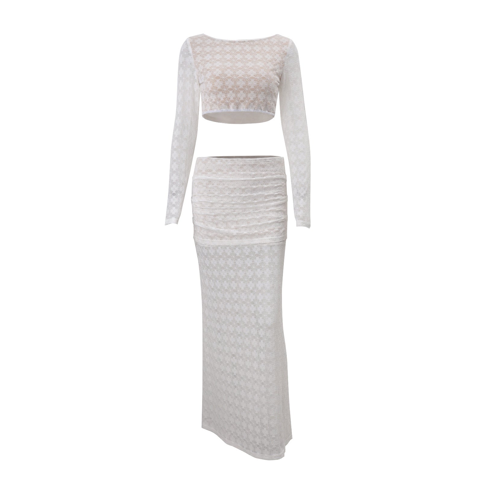 White Lace Two-Piece Set: Long Sleeve Crop Top & Ruched Maxi Skirt | Fall & Holiday Style