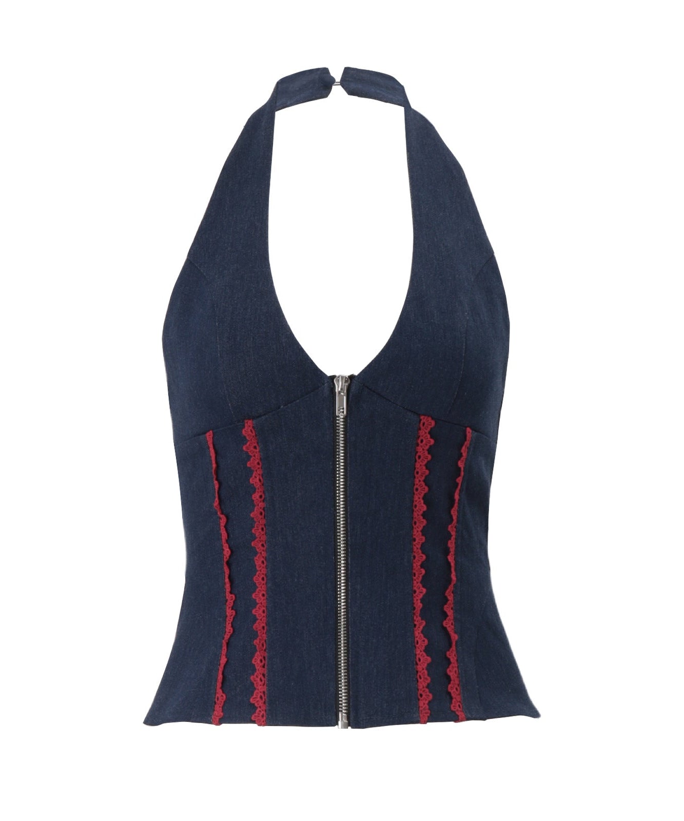 Y2K Denim Halter Corset Top | Red Lace Trim & Front Zip | Backless Fall Style