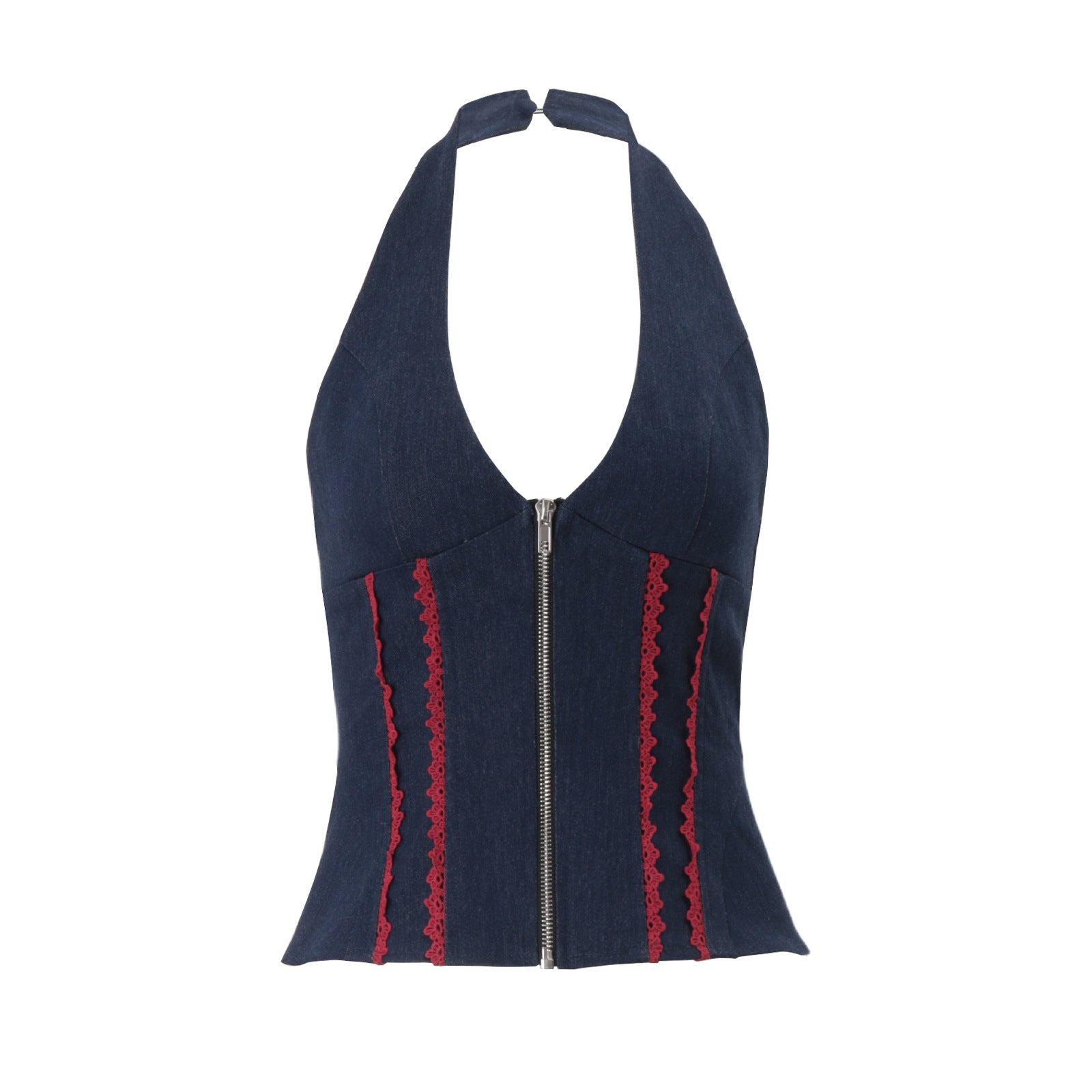 Y2K Denim Halter Corset Top | Red Lace Trim & Front Zip | Backless Fall Style