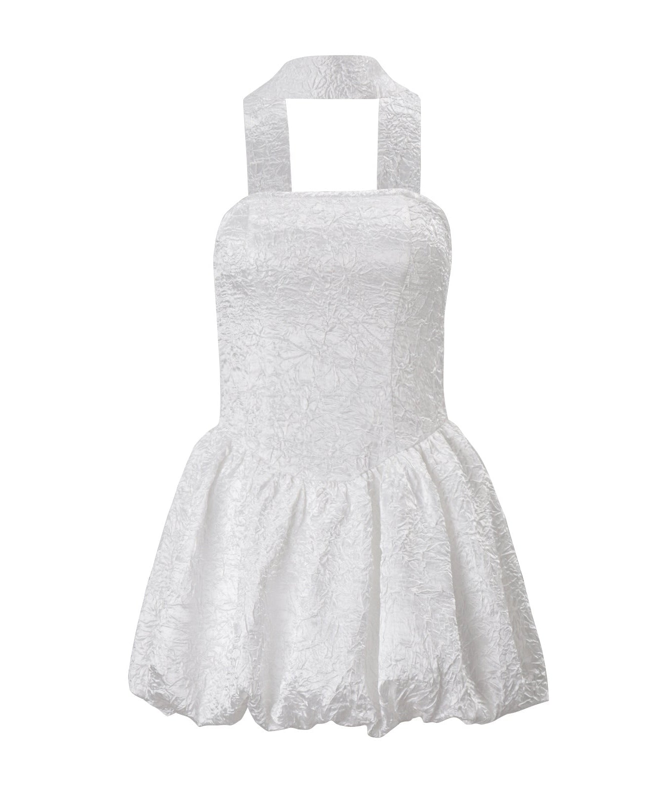 Chic White Textured Halter Mini Dress with Bubble Hem | Fall & Holiday Party Ready