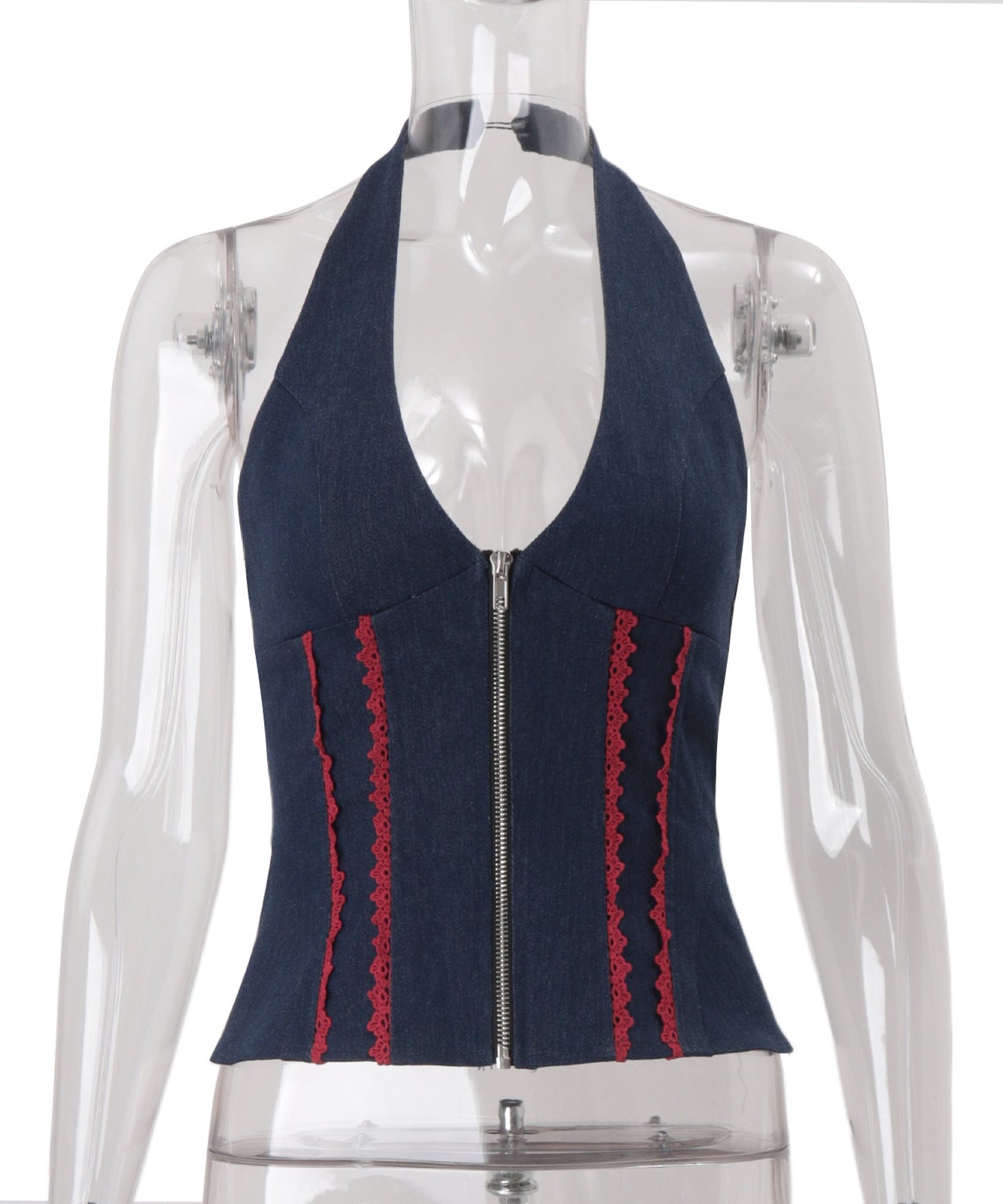Y2K Denim Halter Corset Top | Red Lace Trim & Front Zip | Backless Fall Style