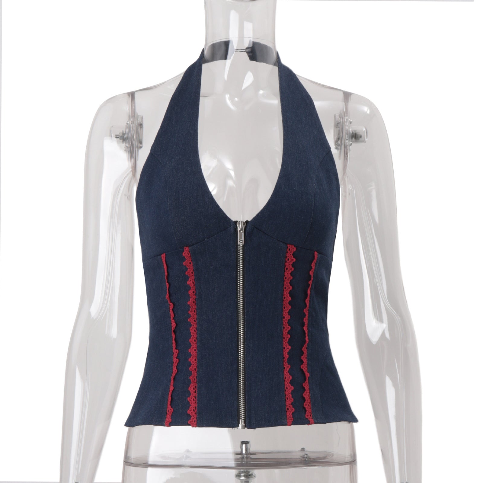 Y2K Denim Halter Corset Top | Red Lace Trim & Front Zip | Backless Fall Style