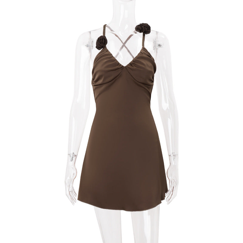 Effortless Fall Chic: Braided Rose Strap Ruched Mini Dress