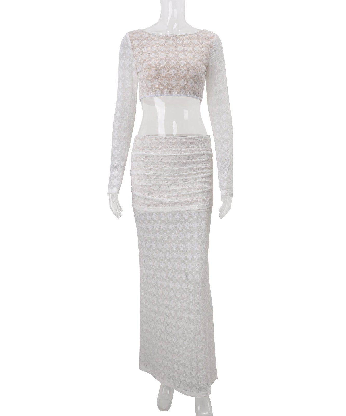 White Lace Two-Piece Set: Long Sleeve Crop Top & Ruched Maxi Skirt | Fall & Holiday Style