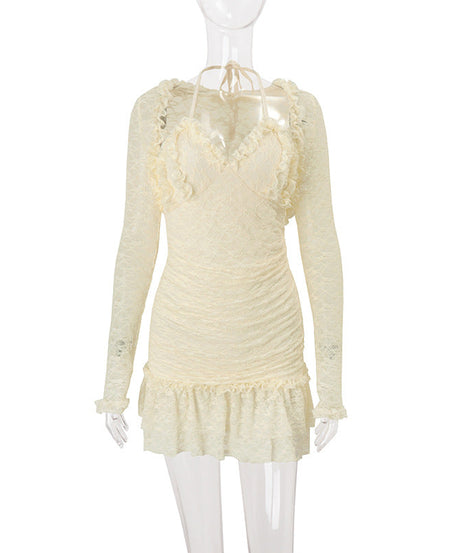 Dreamy Cream Lace Halter Mini Dress & Shrug Set - Perfect for Fall Events & Date Nights