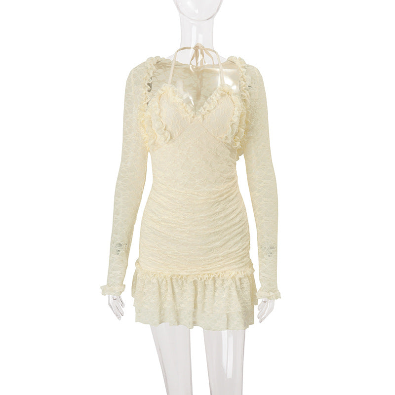 Dreamy Cream Lace Halter Mini Dress & Shrug Set - Perfect for Fall Events & Date Nights