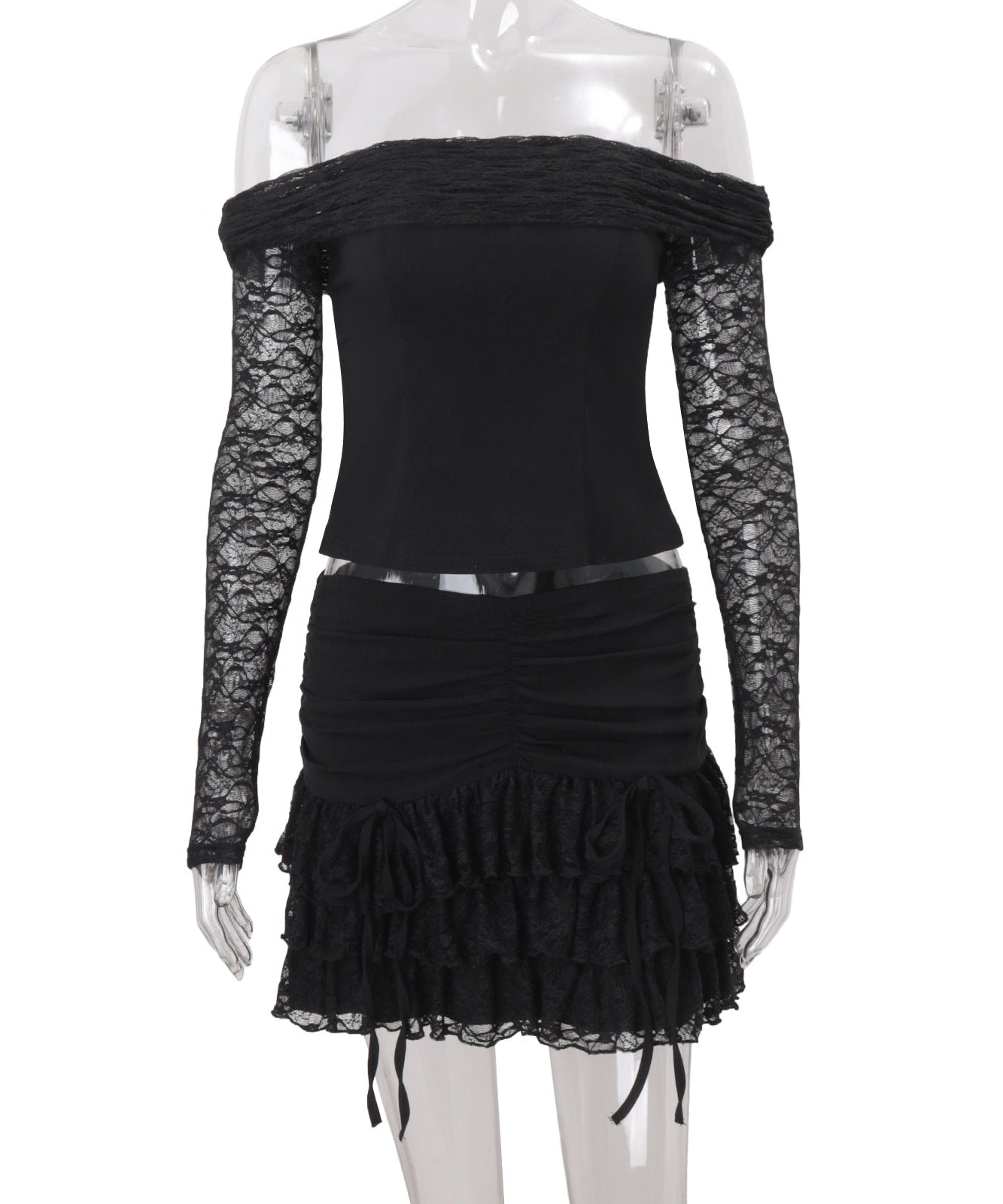 Sultry Black Lace Off-Shoulder Mini Set – Your Statement for Fall & Halloween Parties