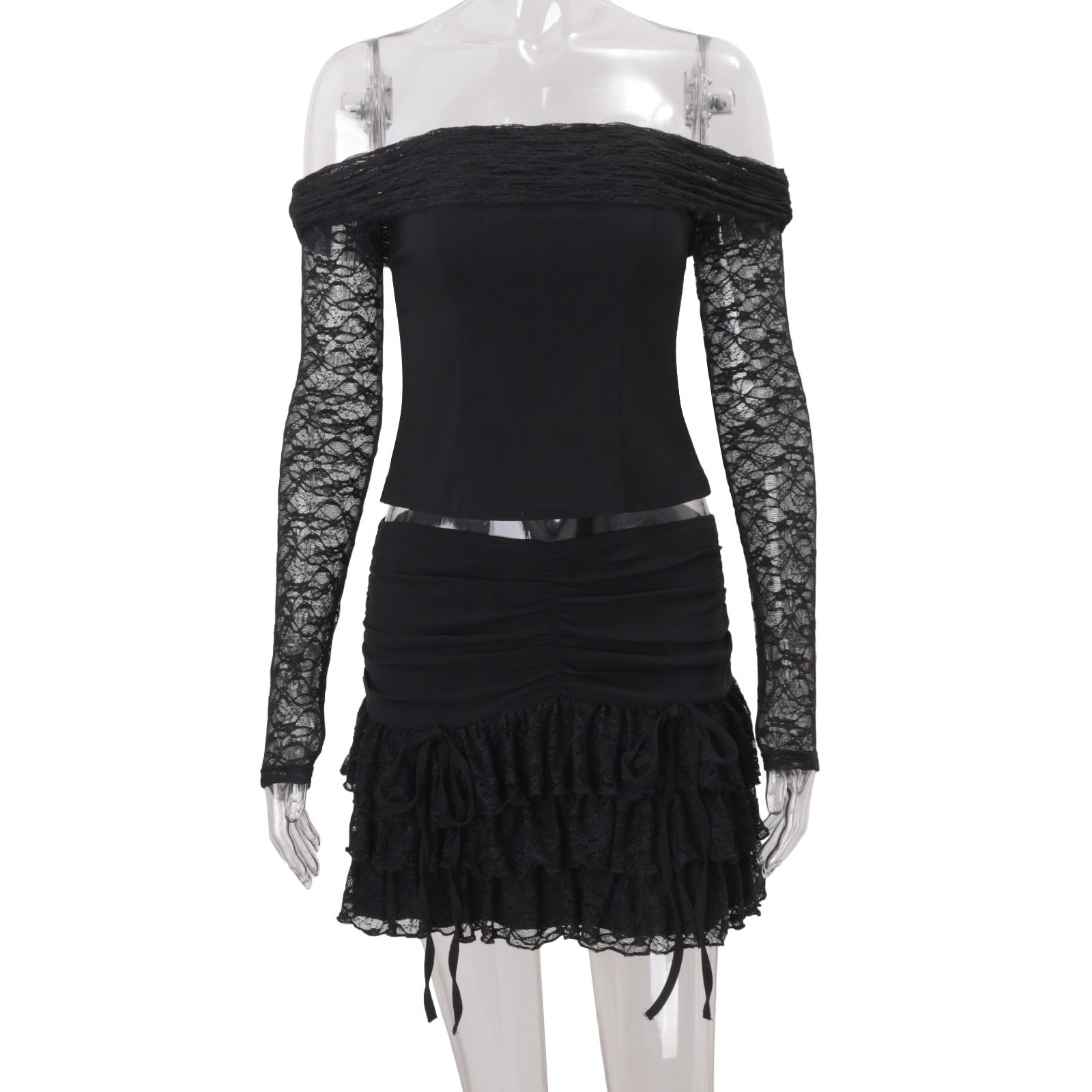 Sultry Black Lace Off-Shoulder Mini Set – Your Statement for Fall & Halloween Parties