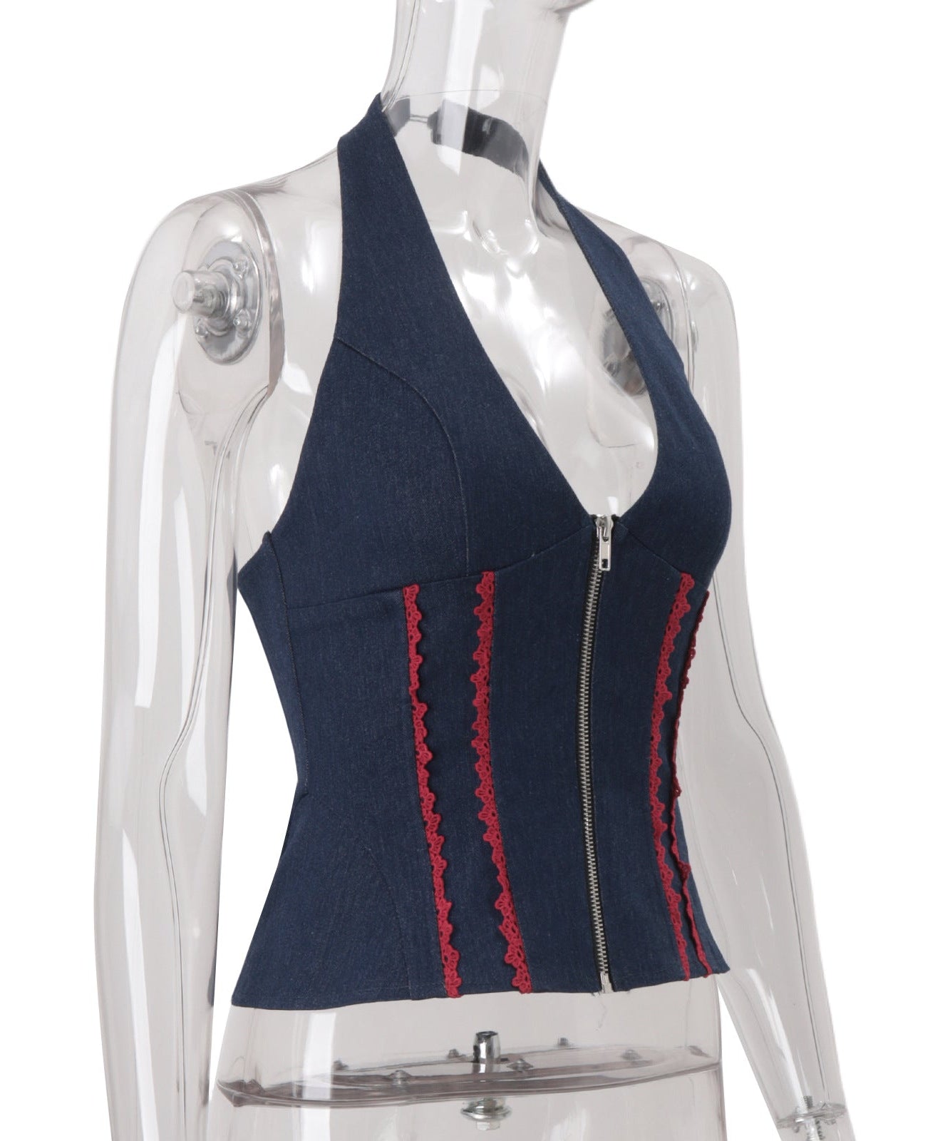 Y2K Denim Halter Corset Top | Red Lace Trim & Front Zip | Backless Fall Style