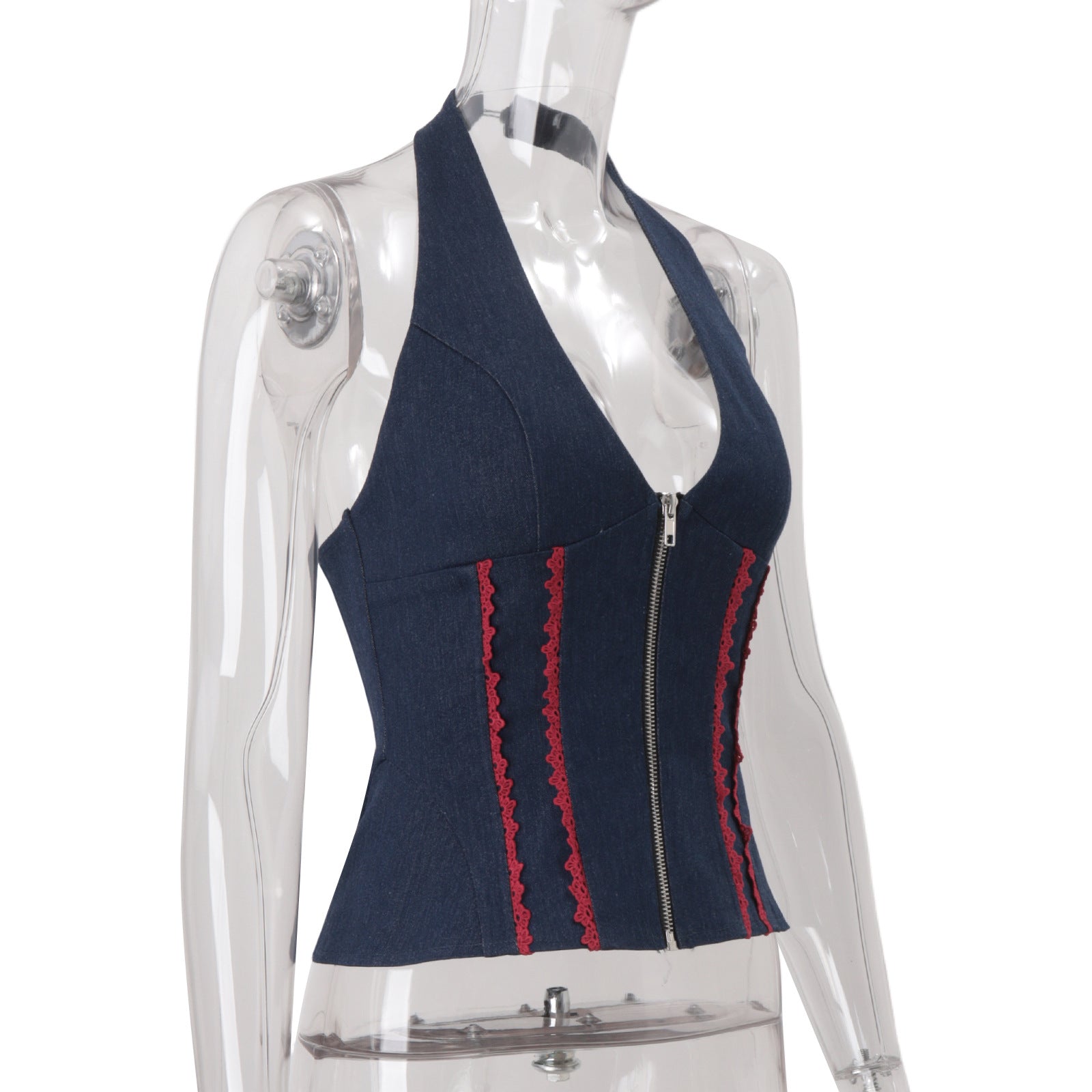 Y2K Denim Halter Corset Top | Red Lace Trim & Front Zip | Backless Fall Style
