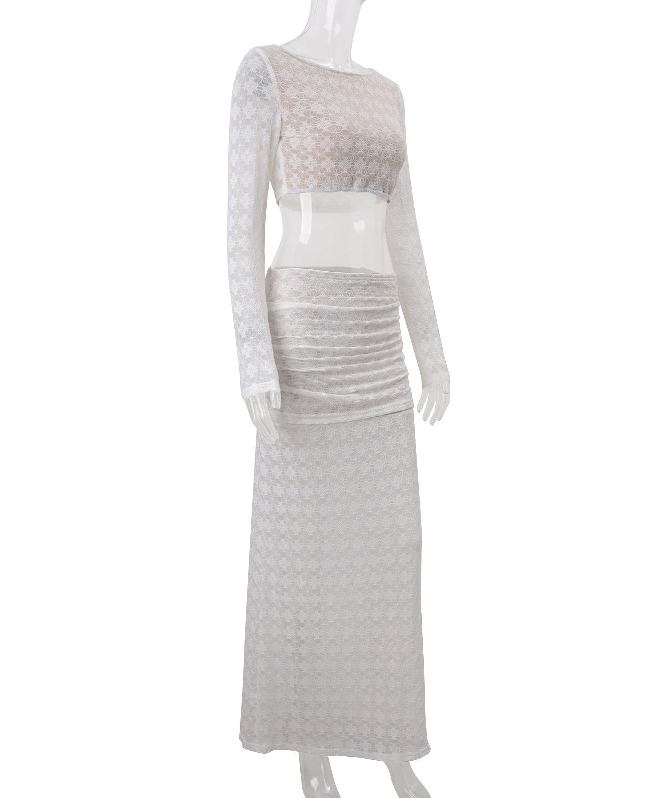 White Lace Two-Piece Set: Long Sleeve Crop Top & Ruched Maxi Skirt | Fall & Holiday Style
