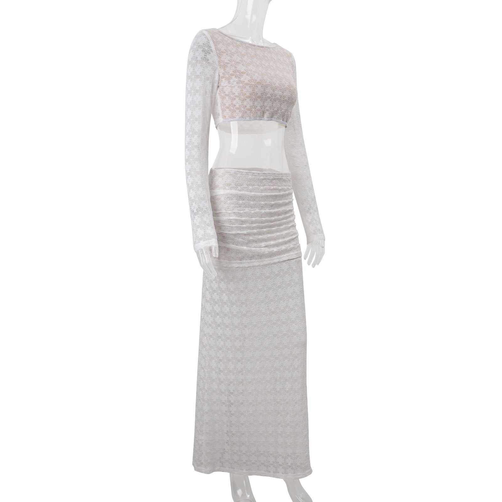 White Lace Two-Piece Set: Long Sleeve Crop Top & Ruched Maxi Skirt | Fall & Holiday Style