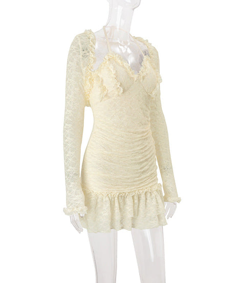 Dreamy Cream Lace Halter Mini Dress & Shrug Set - Perfect for Fall Events & Date Nights