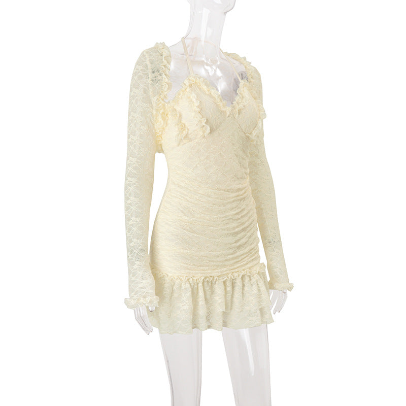 Dreamy Cream Lace Halter Mini Dress & Shrug Set - Perfect for Fall Events & Date Nights