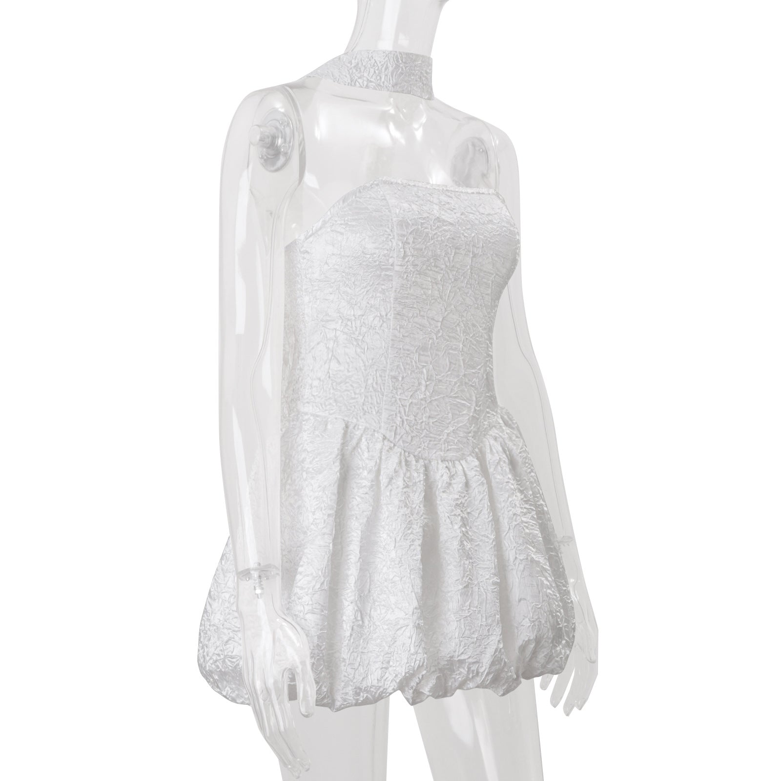 Chic White Textured Halter Mini Dress with Bubble Hem | Fall & Holiday Party Ready