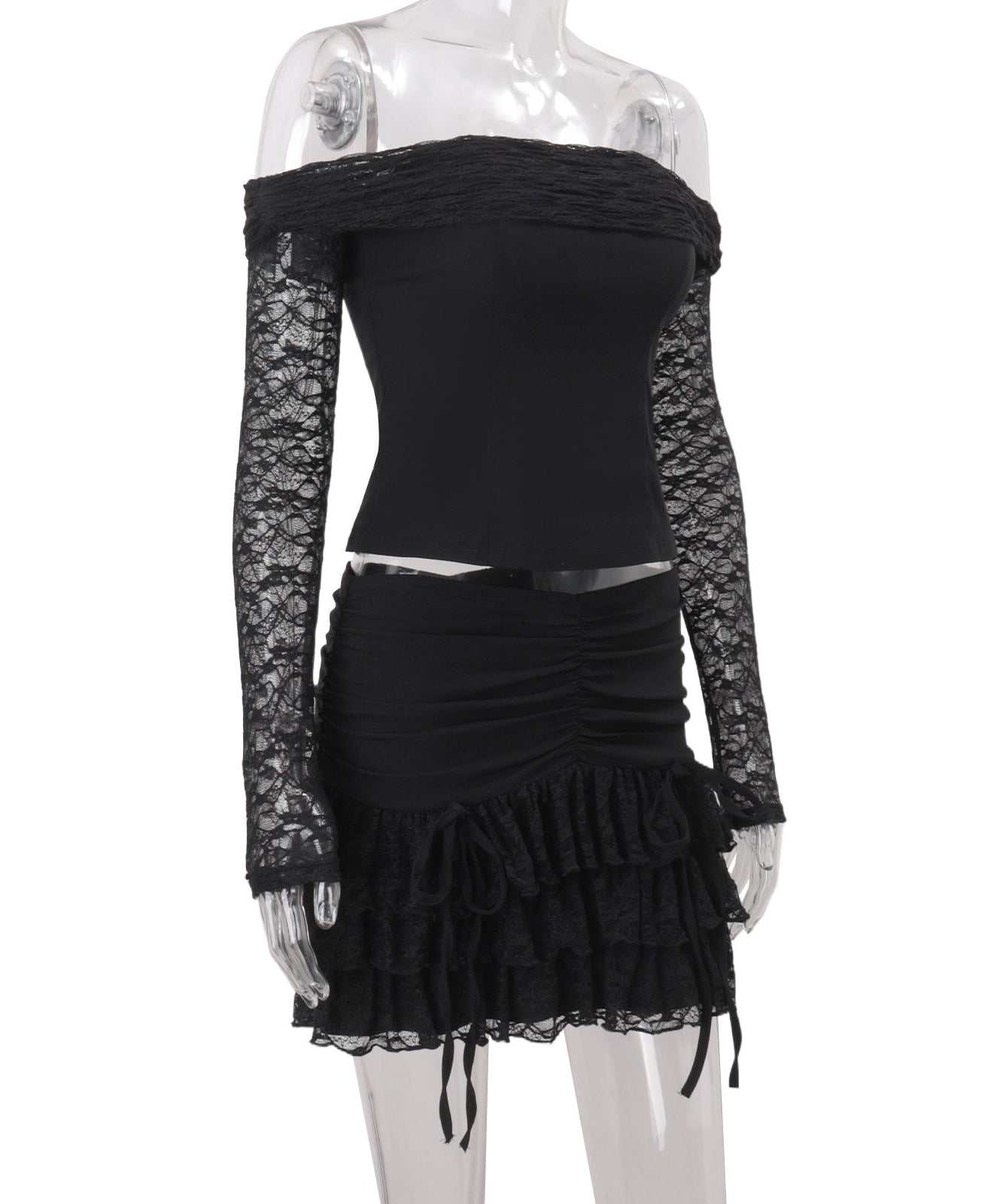 Sultry Black Lace Off-Shoulder Mini Set – Your Statement for Fall & Halloween Parties