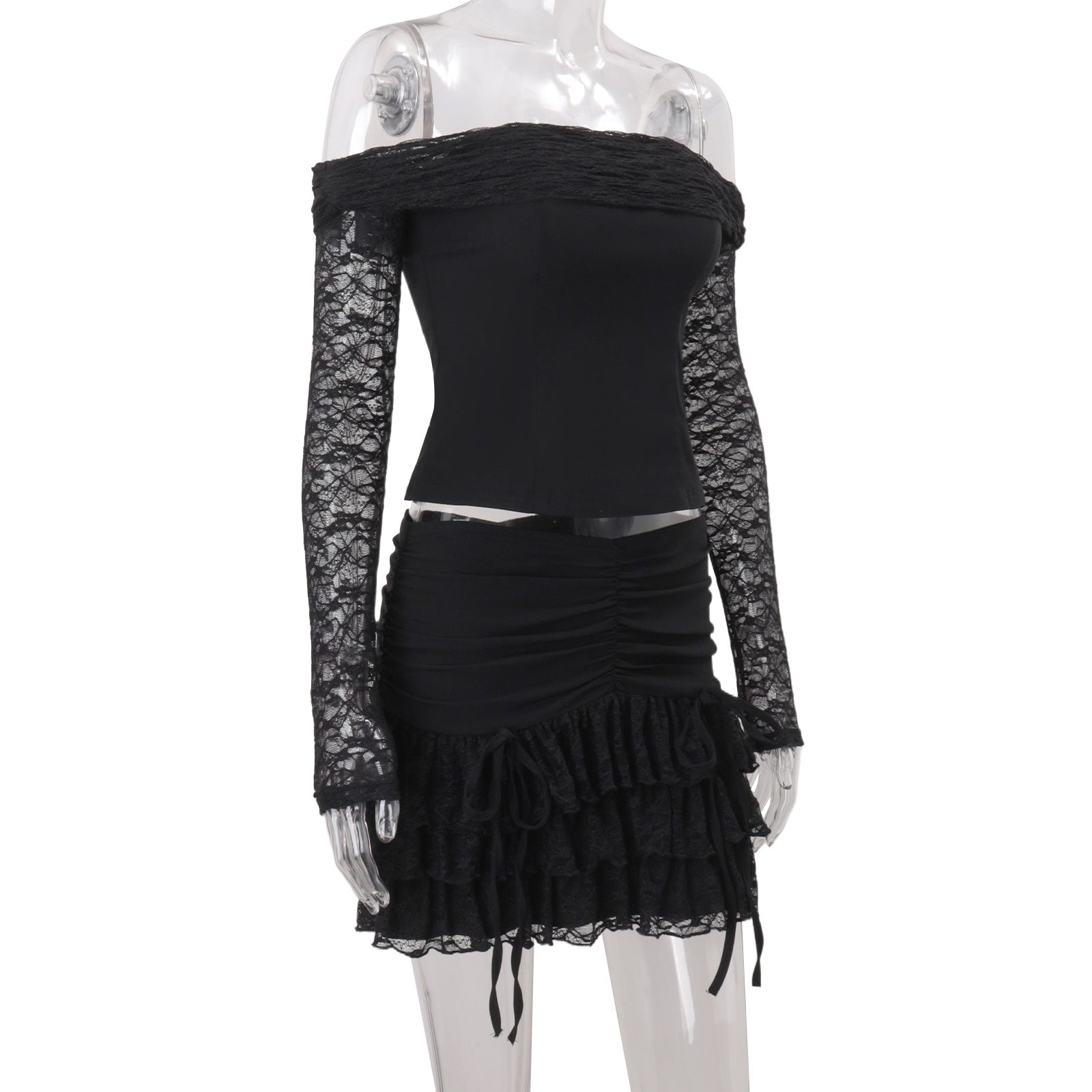 Sultry Black Lace Off-Shoulder Mini Set – Your Statement for Fall & Halloween Parties