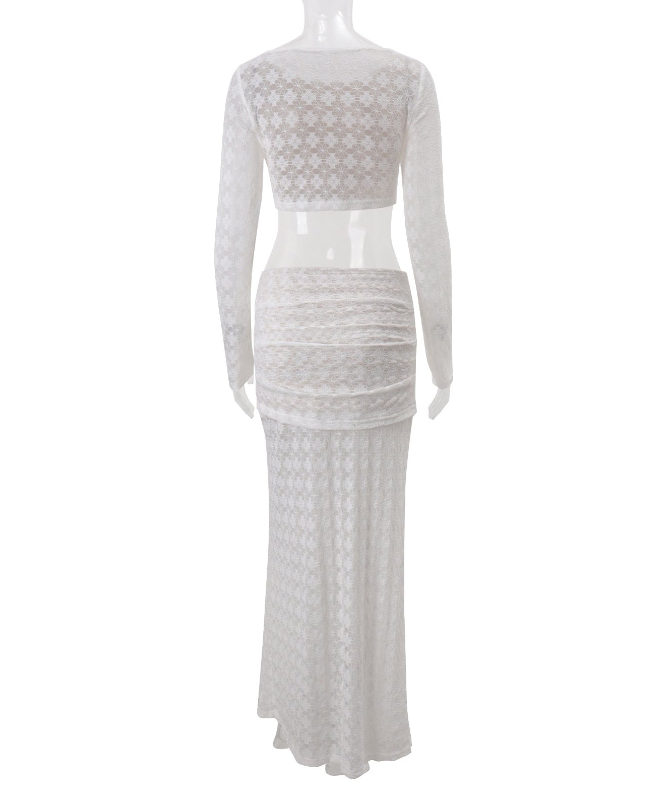 White Lace Two-Piece Set: Long Sleeve Crop Top & Ruched Maxi Skirt | Fall & Holiday Style