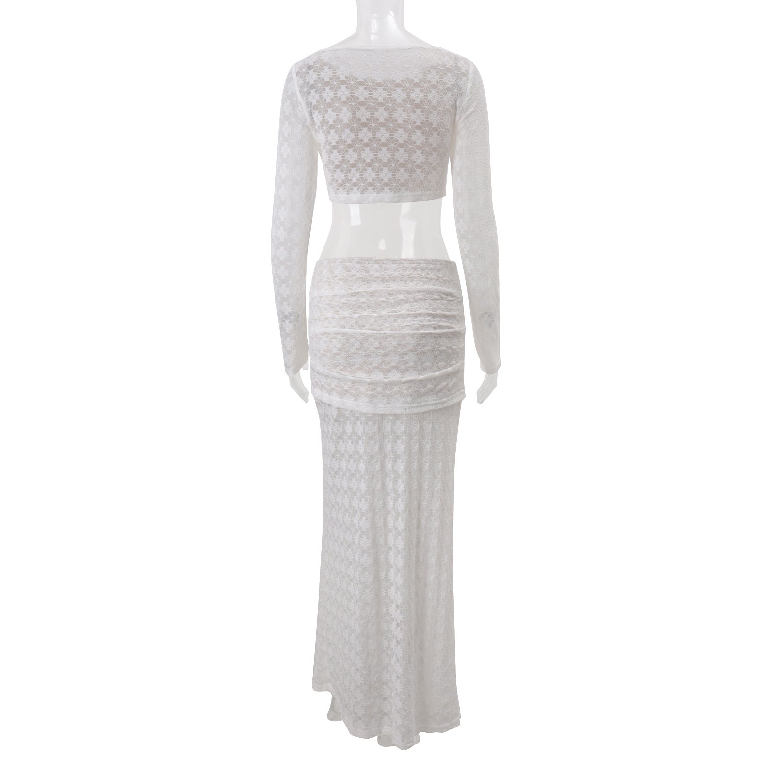 White Lace Two-Piece Set: Long Sleeve Crop Top & Ruched Maxi Skirt | Fall & Holiday Style