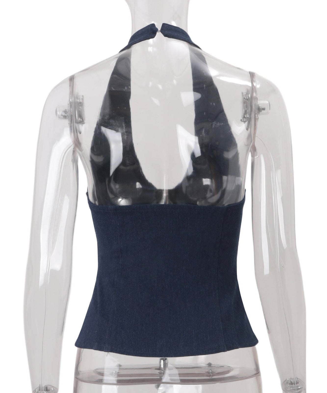 Y2K Denim Halter Corset Top | Red Lace Trim & Front Zip | Backless Fall Style