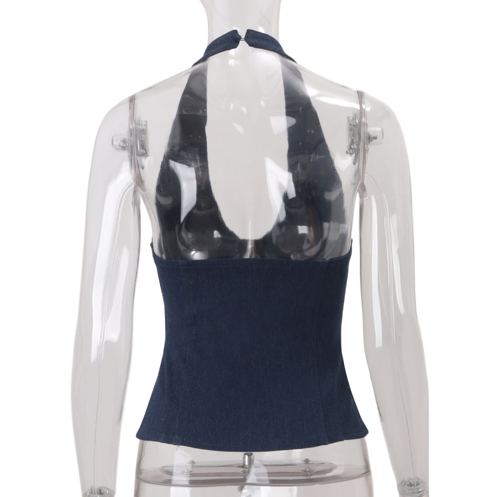 Y2K Denim Halter Corset Top | Red Lace Trim & Front Zip | Backless Fall Style