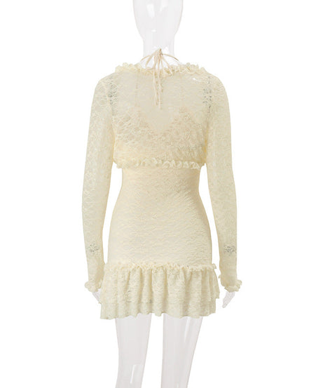 Dreamy Cream Lace Halter Mini Dress & Shrug Set - Perfect for Fall Events & Date Nights