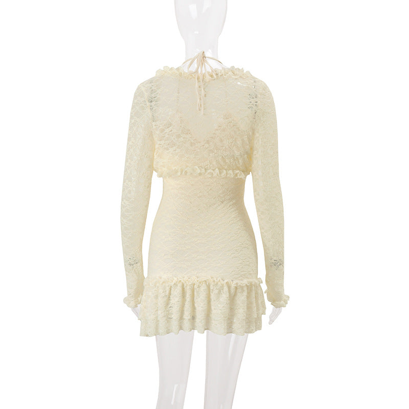 Dreamy Cream Lace Halter Mini Dress & Shrug Set - Perfect for Fall Events & Date Nights
