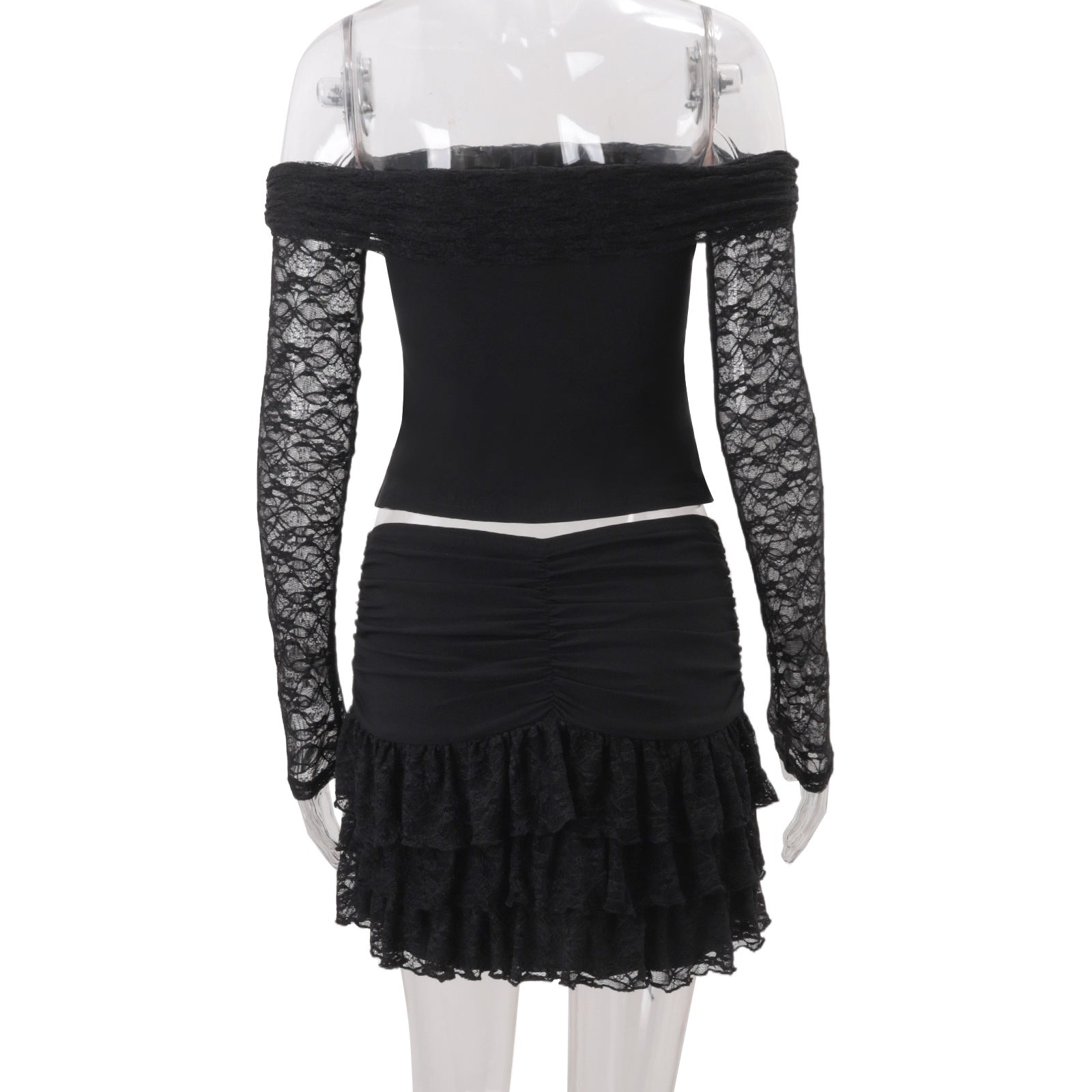 Sultry Black Lace Off-Shoulder Mini Set – Your Statement for Fall & Halloween Parties