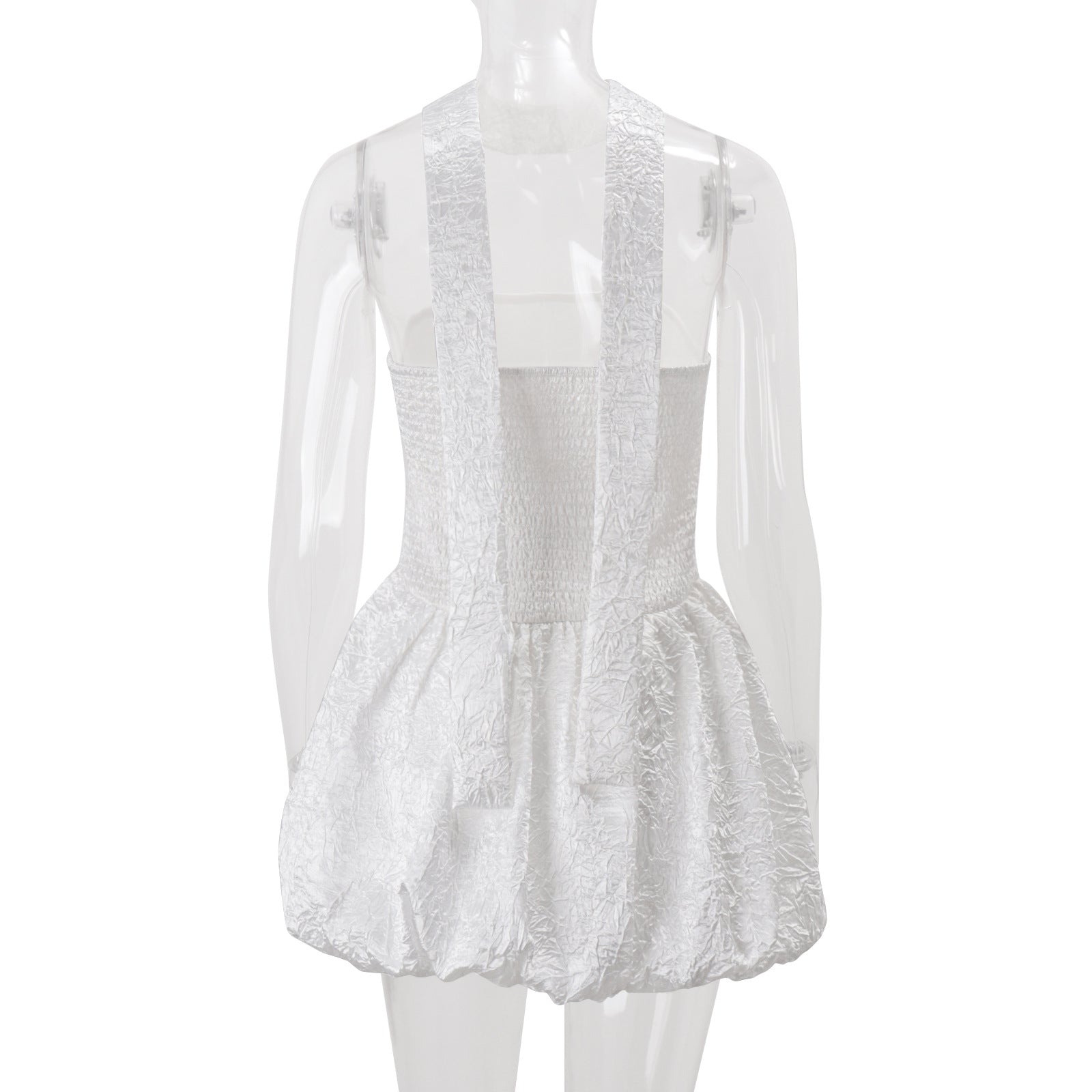 Chic White Textured Halter Mini Dress with Bubble Hem | Fall & Holiday Party Ready