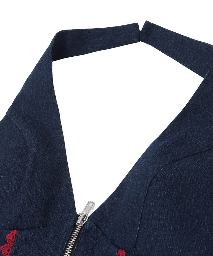 Y2K Denim Halter Corset Top | Red Lace Trim & Front Zip | Backless Fall Style