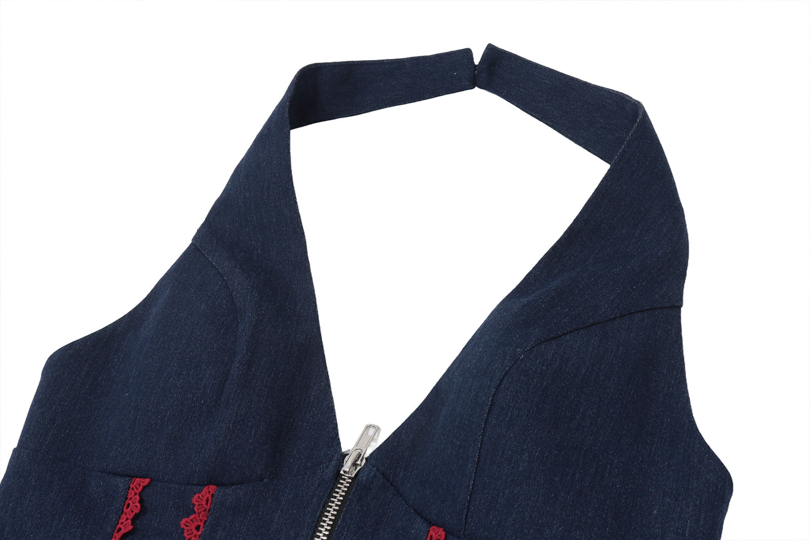 Y2K Denim Halter Corset Top | Red Lace Trim & Front Zip | Backless Fall Style