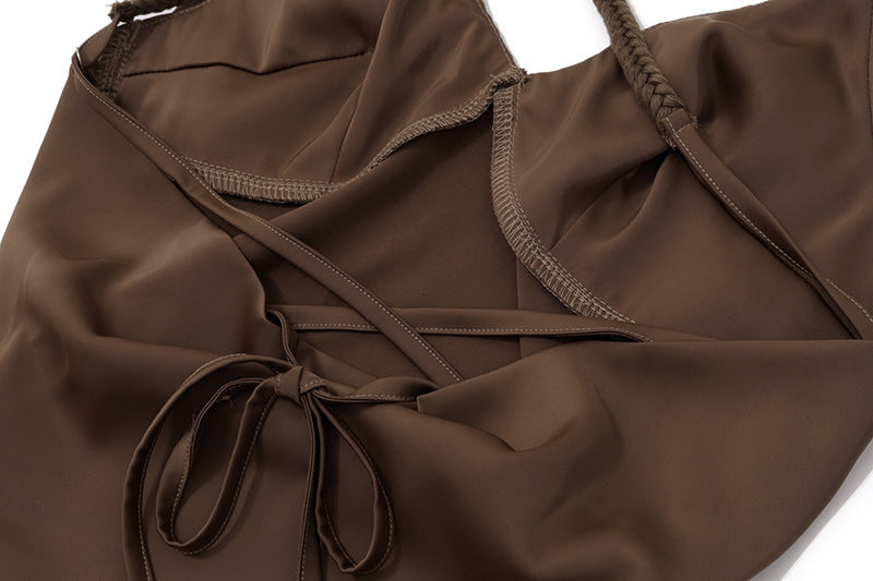 Effortless Fall Chic: Braided Rose Strap Ruched Mini Dress