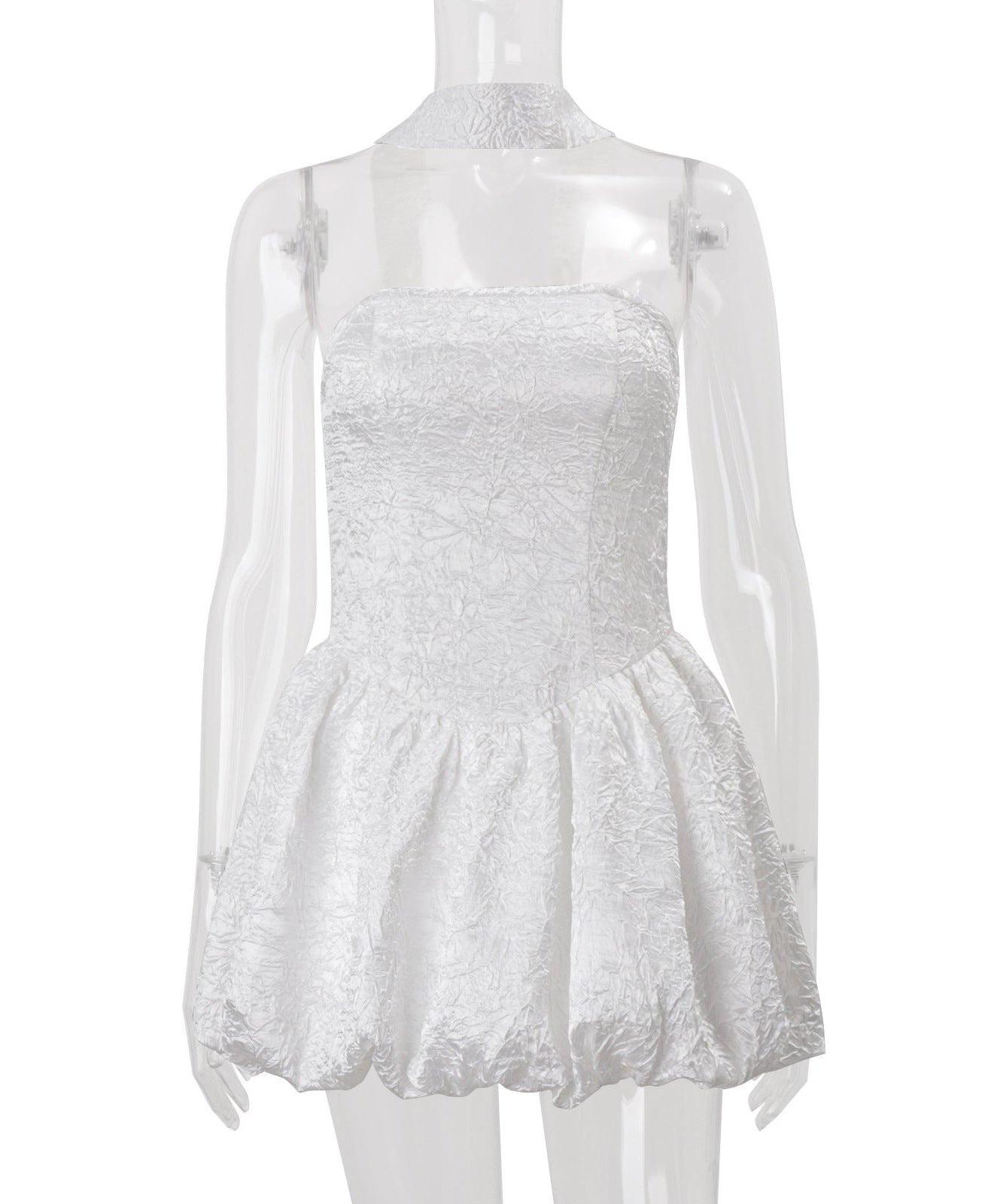 Chic White Textured Halter Mini Dress with Bubble Hem | Fall & Holiday Party Ready