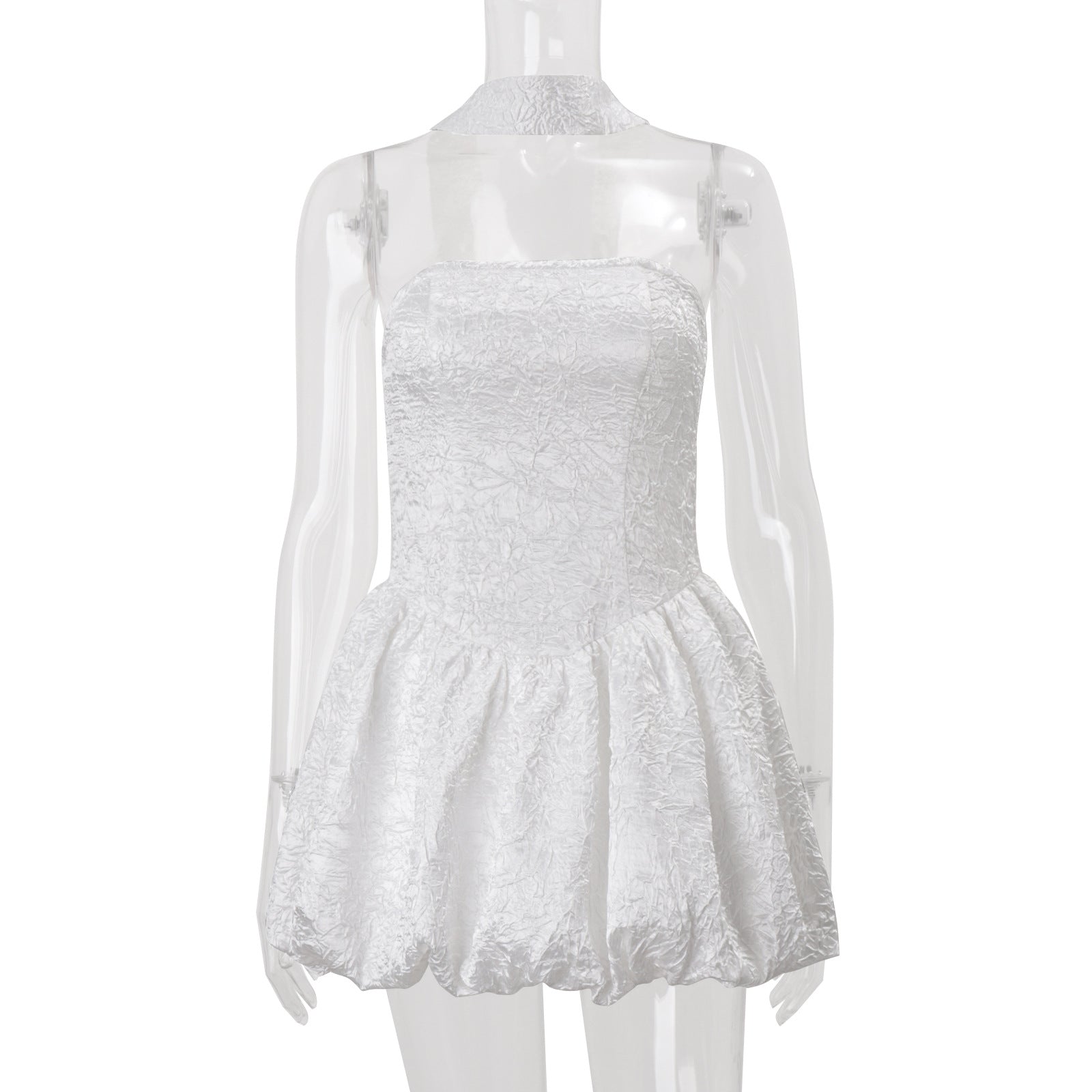 Chic White Textured Halter Mini Dress with Bubble Hem | Fall & Holiday Party Ready