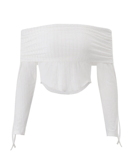 Fall's Must-Have Ribbed Off-Shoulder Crop Top with Drawstring Sleeves - Effortless American Chic