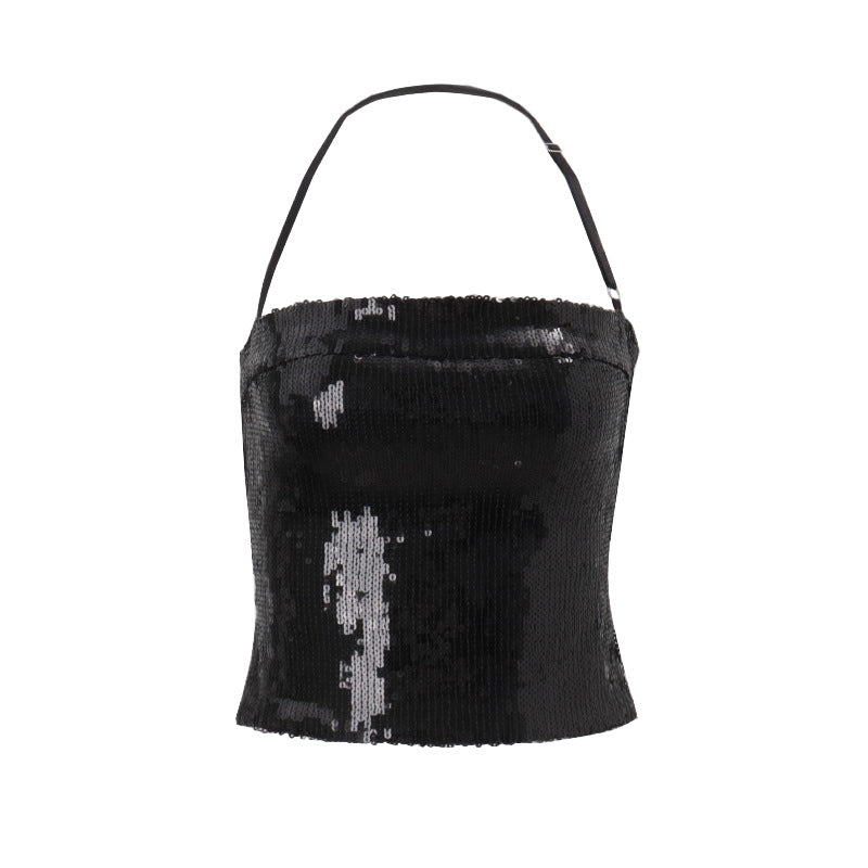 Dazzling Black Sequin Halter Crop Top - Your Go-To for Holiday Parties & NYE Glam
