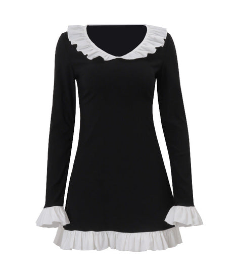 Wednesday Vibes Ruffle Trim Mini Dress - Spooky Chic for Fall & Halloween